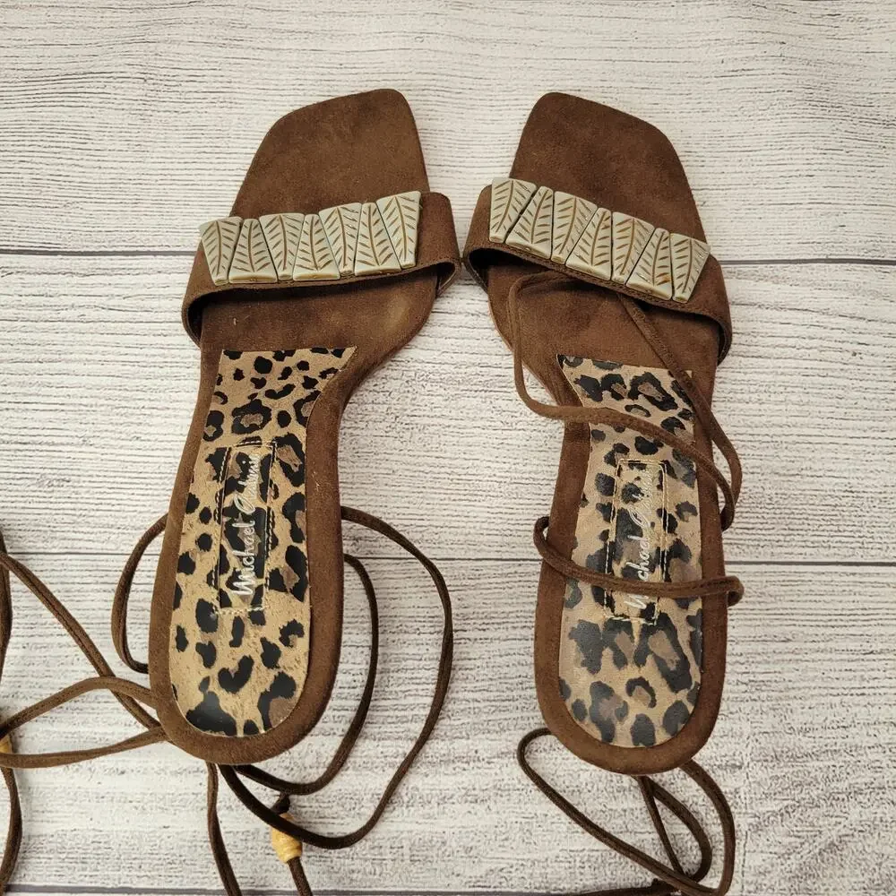 Michael Antonio Brown Suede Sandals w/ Ankle Wrap Tie Straps, 8.5
